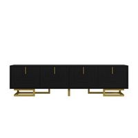 mueble tv negro de 160 cm con cuatro puertas y patas doradas