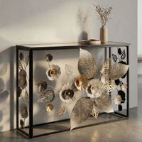 consola de metal negro con flores y tapa de vidrio cm 112x42x80