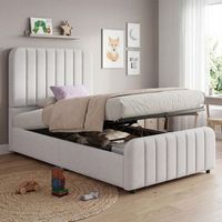 cama infantil 90 x 200 cm tapizada en lino gris con almacenamiento hidraulico