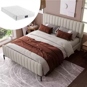 Cama Doble Tapizada Con Somier De Lamas Y Cabecero Ajustable, 160x200 Cm, Gris Beige, Lino, Con Colchón