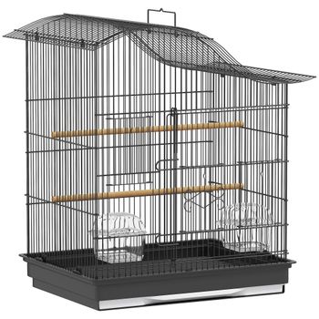PawHut Jaula para Pájaros de 4 Puertas con 2 Cuencos, 2 Posaderos y Bandeja, en Metal y Plástico, 47.5x36x54.5 cm, Negro   Aosom España