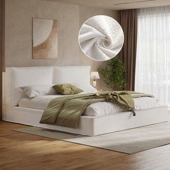 Cama Tapizada Doble Con Cofre Hidráulico Y Somier De Lamas, Cabecera Tapizada, Beige Bouclé, 180x200 Cm
