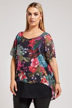 Yours London Blusa Negra Tropical Bajo Doble Capa, Mujer Curvy Y Tallas Grandes, Yours London