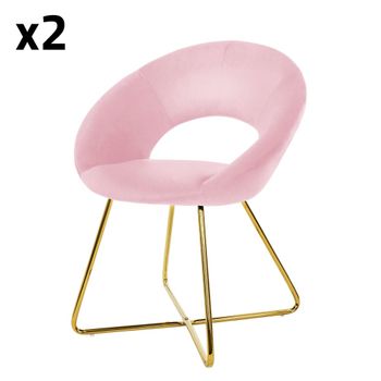 2x Sillas de comedor aspecto terciopelo rosa y patas de metal doradas