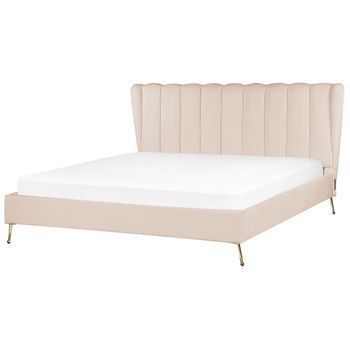 Cama Con Somier De Terciopelo Beige Dorado 180 X 200 Cm Metal Usb Cabecero Miribel