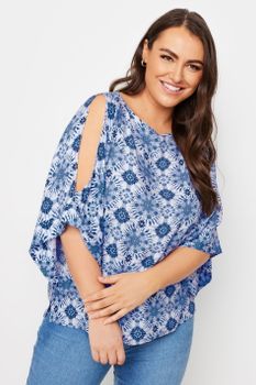 Yours Blusa Azul Estampado Azulejo Con Abertura En Mangas, Mujer Curvy Y Tallas Grandes, Yours