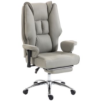 HOMCOM Silla de Oficina Ergonómica Reclinable con Reposapiés, Respaldo Alto, Altura Regulable, Gris Claro