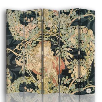 Legendarte - Biombo Femme À La Marguerite - Alphonse Mucha - Separador De Ambientes Para Interiores Cm. 180x170 (5 Paneles)