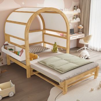 Cama Infantil Deslizante Con Techo Arqueado, 140 X 200 Cm, Con Estante Lateral - Pino Y Mdf - Blanco Y Natural