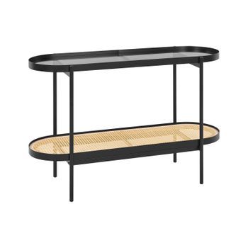 Consola Moderna Mesa Tablero De Vidrio Estructura Metálica 1 Estante Trenza Vienesa Madera Clara Reno