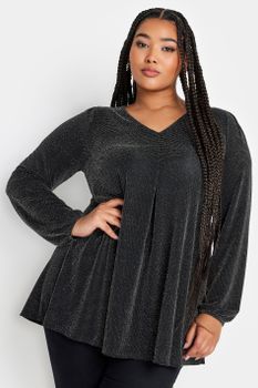 Yours Top Negro Y Plata De Pico Con Manga Globo, Mujer Curvy Y Tallas Grandes, Yours