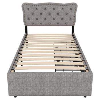 Cama Tapizada En Tela De Lino Con 2 Cajones 90x200cm Cabecero Decorado Con Remaches Gris