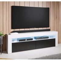 mueble tv con led  mueble de television  mueble de salon  2 puertas  140x50x35cm  modelo aker  blanco con negro acabado en brillo