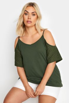 Yours Top Hombros Descubiertos Caqui Con Manga Con Calados, Mujer Curvy Y Tallas Grandes, Yours