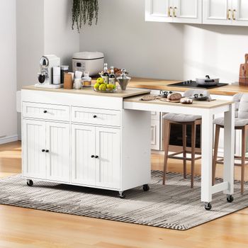 Isla De Cocina Móvil Con Ruedas, Encimera Extensible De 112 A 180,5 Cm, Blanca Y Madera Natural
