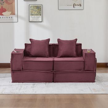 Sofá Convertible De 2 Plazas Moderno En Tela Con Puff De Almacenamiento Y Portavasos, 2 Cojines, Ideal Para Salón O Rincón De Lectura