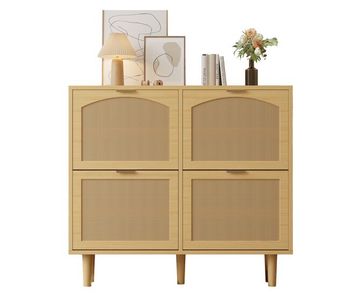 Aparador de zapatos 100×25×90 cm - 4 cajones abatibles, de ratán con asas metálicas - madera clara