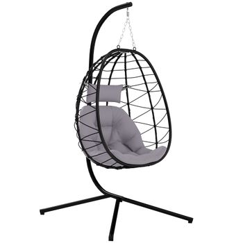 Outsunny Silla Colgante Huevo con Soporte con Cesta Plegable Cojín y Reposacabezas para Interior y Exterior Carga 120 kg Gris