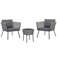 conjunto de balcon de ratan gris claro negro sintetico cojines mesa gargano