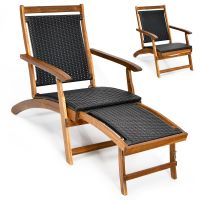 costway 2 en 1 tumbona plegable de ratan pe y madera de acacia con reposapies retractil respaldo y reposabrazos para patio jardin piscina