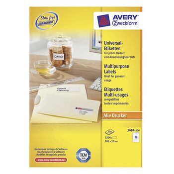 Avery Zweckform 3484-200 Etiquetas A4 105 x 37 mm — 16 por hoja | Pack 200 hojas