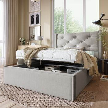 Cama Contenedor 90x200 Cm Acolchada En Algodón, Somier Incluido, Gris Claro