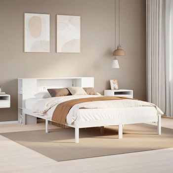 Cama Matrimonial | Cama Para Adultos | Cama Con Estantería Sin Colchón Madera Maciza Blanca 135x190 Cm Cfw50909