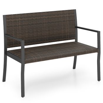Costway Banco de Ratán 2 Plazas con Estructura Metálica Respaldo y Reposabrazos Asiento Acolchado para Patio Terraza Carga 360kg Marrón
