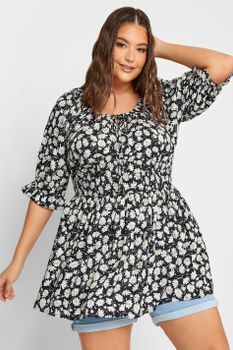 Yours Top Negro De Margaritas Con Cinturilla Fruncida, Mujer Curvy Y Tallas Grandes, Yours