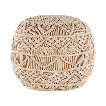Puf De Punto De Algodón Beige Reposapiés Trenzado Redondo De Crochet Grueso Kayseri