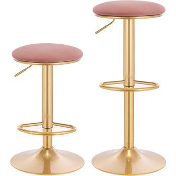 Juego De 2 Taburetes De Bar Con Reposapiés - Taburetes Altos Redondos De Metal,36 X 36 X 61 Cm,rosa + Dorado,woltu