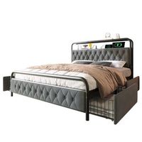 cama tapizada 180 x 200 cm con 2 cajones y cabecero con almacenaje - tomas usb tipo c y led - terciopelo - gris sin colchon