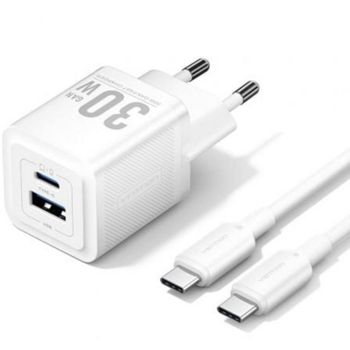 Cargador de Pared GaN Vention TZ-FEQW0-EU-01 30W 2 Puertos USB-C USB-A con Cable USB-C
