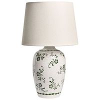 lampara de mesa estilo rustico base de ceramica pantalla de lino forma cilindrica motivo floral acabado blanco brillante billy