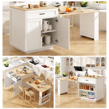 Isla De Cocina Extensible Blanca De Mdf, 133-202 Cm, Con Almacenaje Y Ruedas