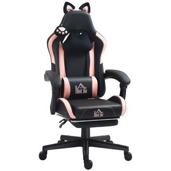 Silla Gaming Escritorio Rosa/negra Orejas Gato, Reposapiés Extensible, Reclinable 135°