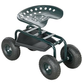 Outsunny Asiento de jardín silla ruedas giratoria 360° y ajustable en altura con bandeja herramientas carga máx. 150 Kg Verde   Aosom España