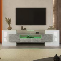 mueble de tv blanco con iluminacion led y superficie de cristal