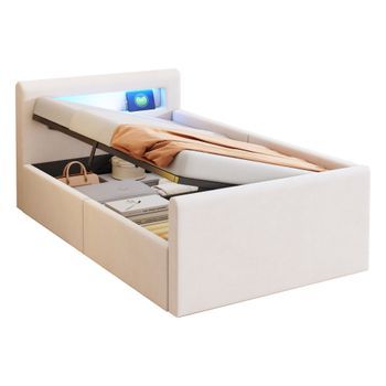 Cama Infantil 90 X 200 Cm - Led - Usb - Estantería Hidráulica Y Almacenaje - Cama Individual - Terciopelo - Beige