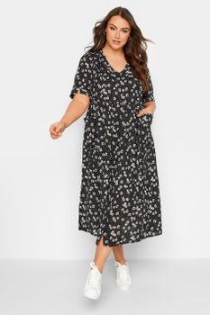 Yours Vestido Negro De Margaritas Con Bolsillos, Mujer Curvy Y Tallas Grandes, Yours