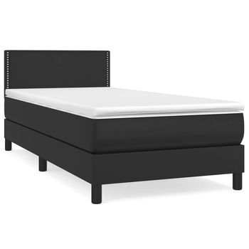 Cama Individual | Cama Box Spring | Cama Para Adultos Con Colchón Cuero Sintético Negro 90x190 Cm