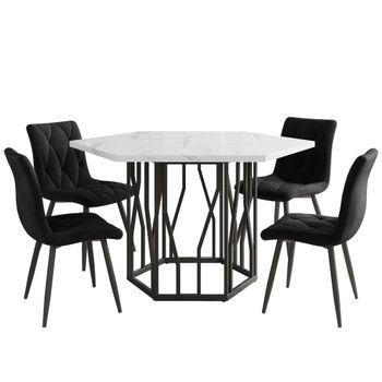 Conjunto De Comedor: Mesa Hexagonal Efecto Mármol Y 4 Sillas Negras