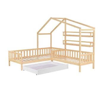 Cama infantil,cama cabaña,cama doble de madera maciza 90x200(70x140)cm con 1 cajón,estante y protección contra caídas,natural