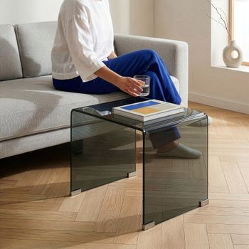 Mesa Auxiliar Varlofrek Cuadrada Vidrio Templado 50x50x50 Cm Gris Oscuro [en.casa]