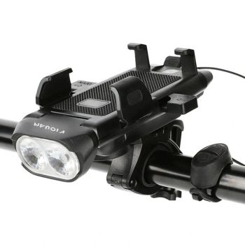 4 En 1 Luz Delantera de Bicicleta Recargable USB Soporte para Teléfono Bocina de Bicicleta Linterna de Ciclismo MTB Powe