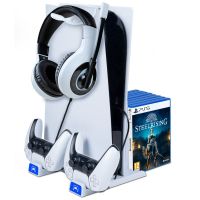 nacon soporte para juegos y auriculares con cargador para mandos dualsense de ps5 blanco