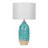 lampara de mesa de base de ceramica azul turquesa pantalla de tela blanco boho rustico ataba