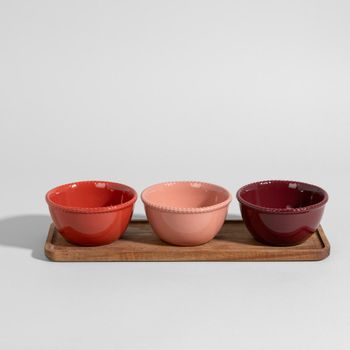 Set de 3 cuencos para aperitivos con bandeja de madera de acacia