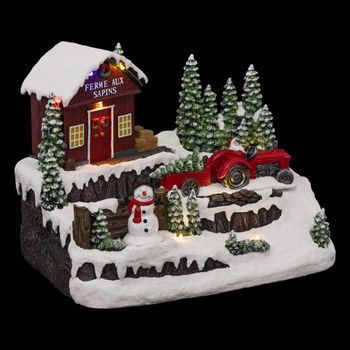 Aldea Iluminada Muñeco De Nieve Y Tractor 10 Led H.23cm Musical