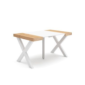 Mesa Consola Extensible, Mesa Comedor Plegable, 140, Para 6 Comensales, Patas Madera Maciza, Estilo Moderno, Roble Y Blanco